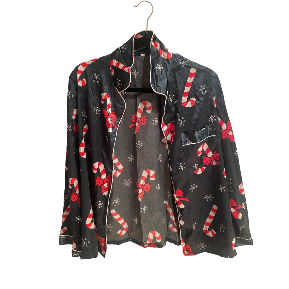 Womens Christmas Candy Cane Satin Pajama Top Black Red White Holiday Sleep Shirt